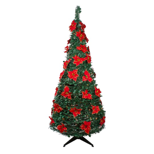 6Ft Pre-Lit Pre-Decorated Poinsettia Pop-Up Artificial Christmas Tree By Northlight in Green | 6 ft | Michaels®